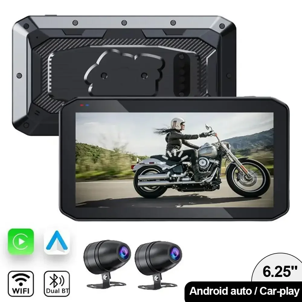 Navegação GPS portátil impermeável motocicleta, Carplay sem fio, Android Auto DVR, gravador de unidade, Moto Monitor, WiFi, IP67, 6,25"