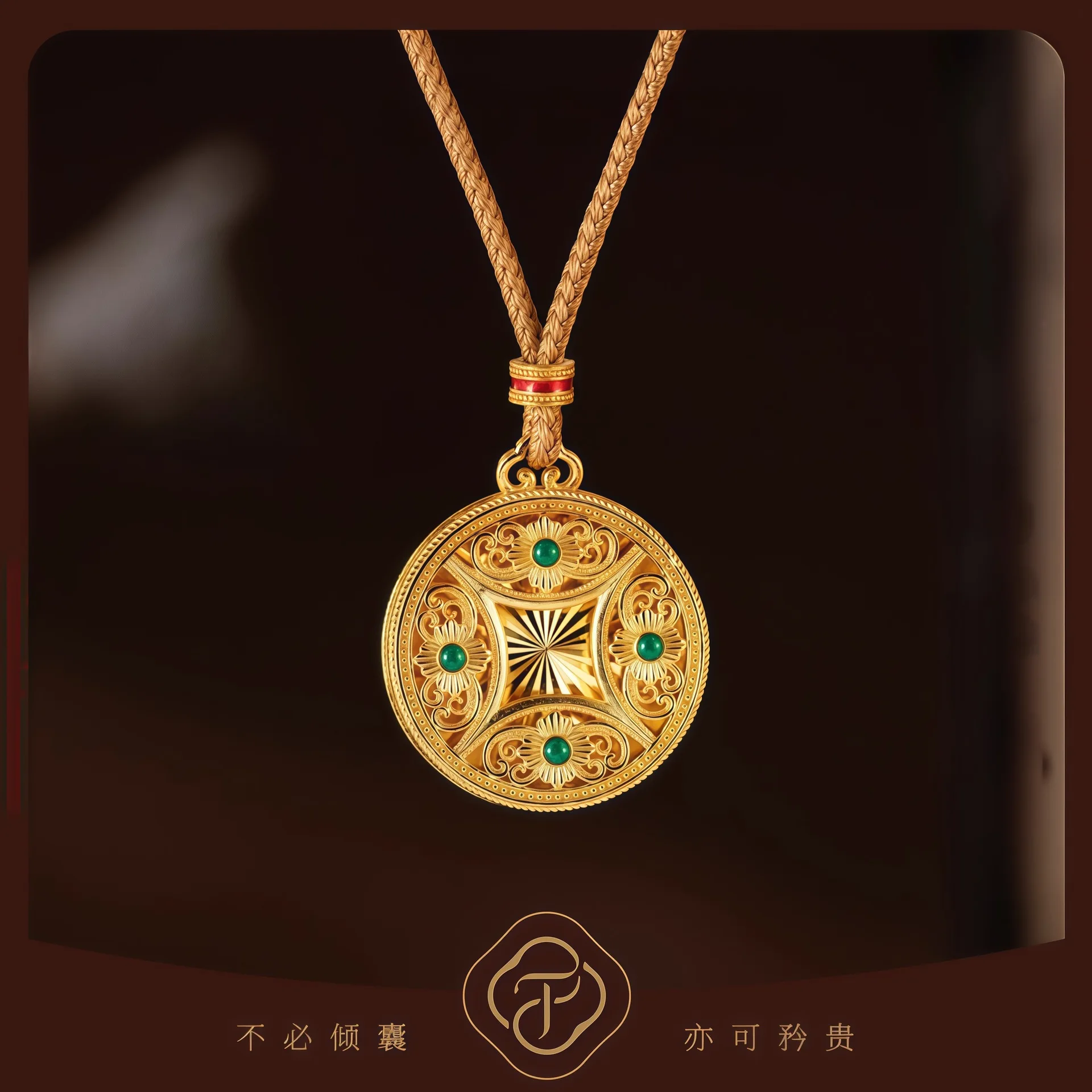 luxury real gold jewelry 24k certifid filigree coin eight treasures compass pendant two-color enamel necklace women's pendant