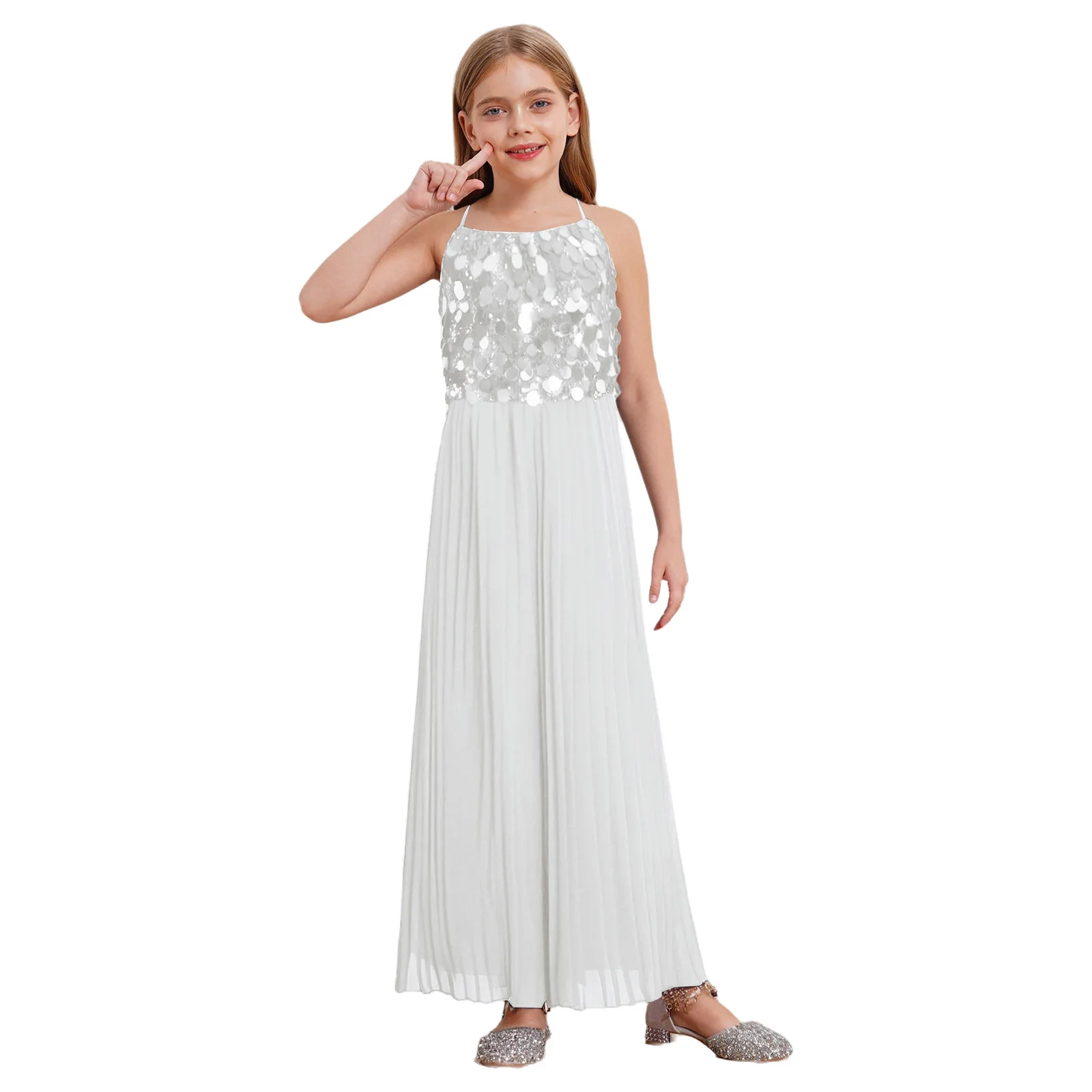 

Children Girls Party Dress Elegant Gown Spaghetti Strap Sparkly Sequin High Waist Wide Leg Jumpsuit for Wedding Banquet Birthday