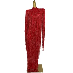 See Through Mesh Tassel Long Dress Long Sleeves Stretch Party Fringes Dress Women Singer Stage Performance Dress Dance Costumes