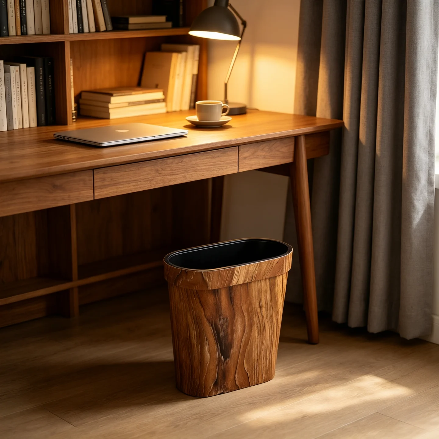 Vintage Wood Grain Slim Oval Trash Container with Retaining Ring, Space Saving Open Waste Bin for Home & Hotel