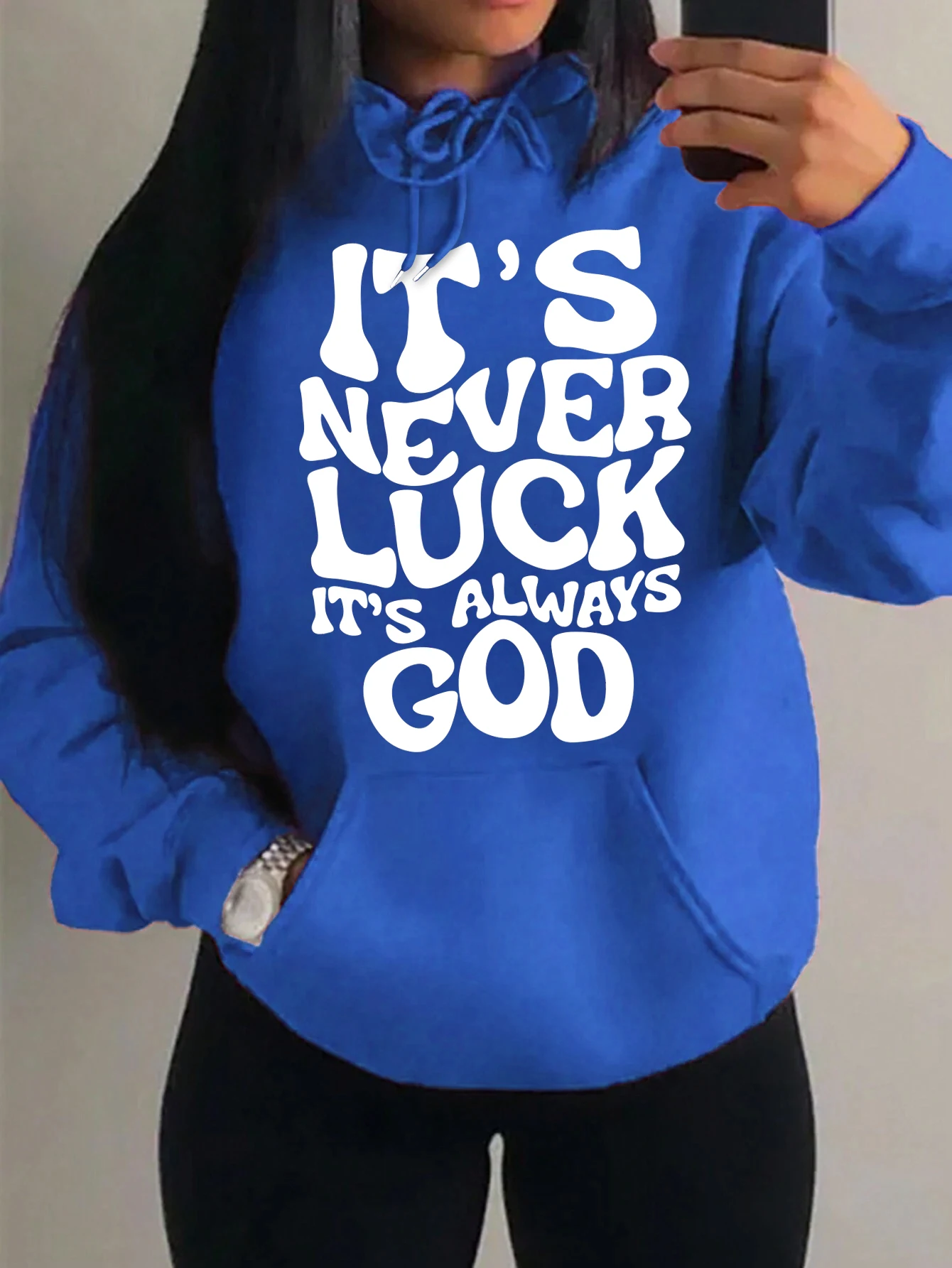 

Худи женское оверсайз с карманами, флисовое, для осени, в стиле хип-хоп, удобная уличная одежда, с надписью «It's Never Luck Always God»
