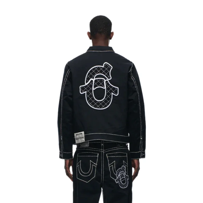 Hip Hop Letter Embroidered Jacket Jeans Two Piece Y2K Streetwear Mens Womens Tracksuit Retro Loose Leather Biker Punk Jacket Set