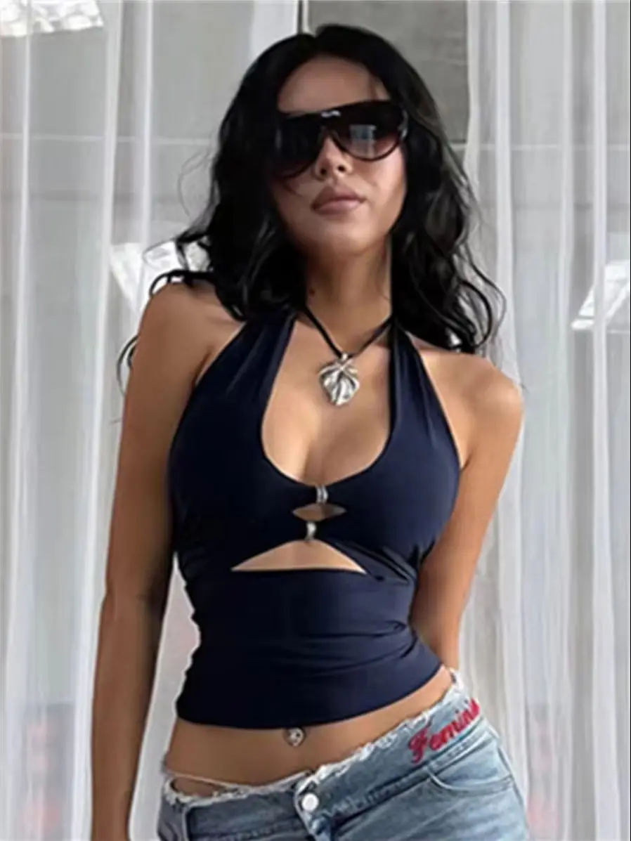 Weird Puss Fashion Tanktop mit Ausschnitten für Damen, Herbst, schick, mit Metallring-Dekoration, Neckholder, rückenfrei, tief ausgeschnitten, lässig, Streetwear, sportlich, Weste – Detail 2