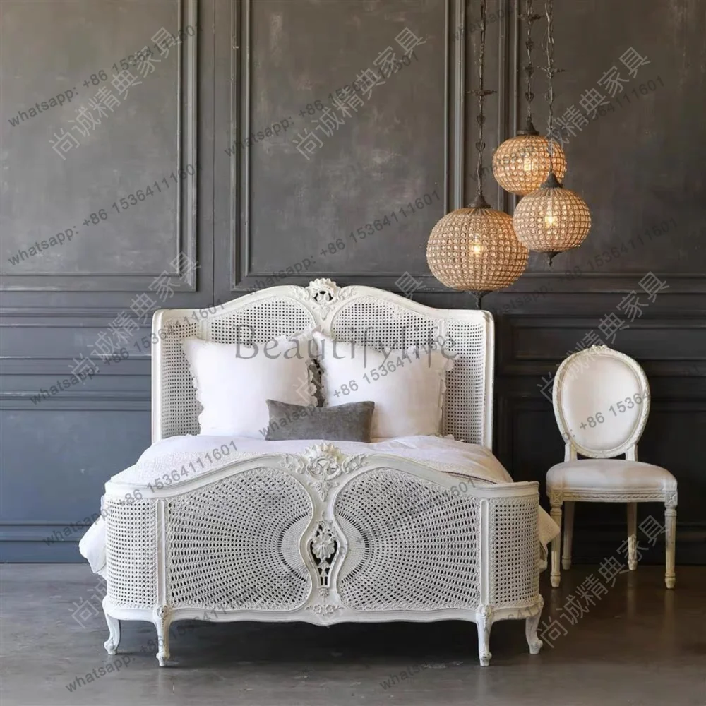 American French solid wood retro bedroom rattan art double bed 1.8 meters can be customized
