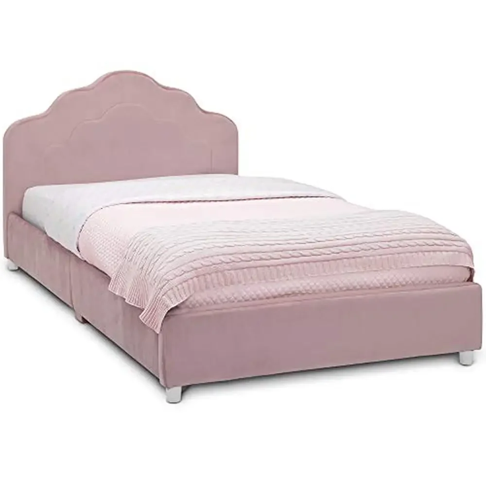 Pink Scalloped Upholstered Twin Bed Kid-Friendly Design Sturdy Wood Construction Fits Standard Twin Size Mattress Easy Assembly