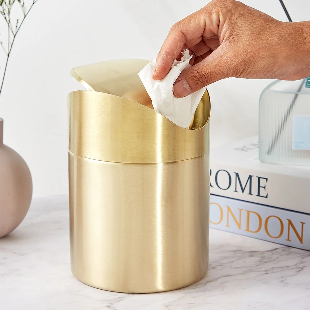 Stainless Steel Chopsticks Rest Sturdy Garbage Can Waste Bin Wastebasket Desktop Golden Trash Container Mini Bathroom