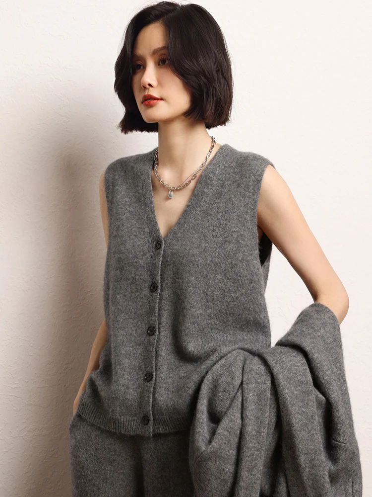 Outono inverno feminino quente macio casual solto com decote em v jaqueta de malha colete cardigan camisola 100% cashmere conforto roupas topos