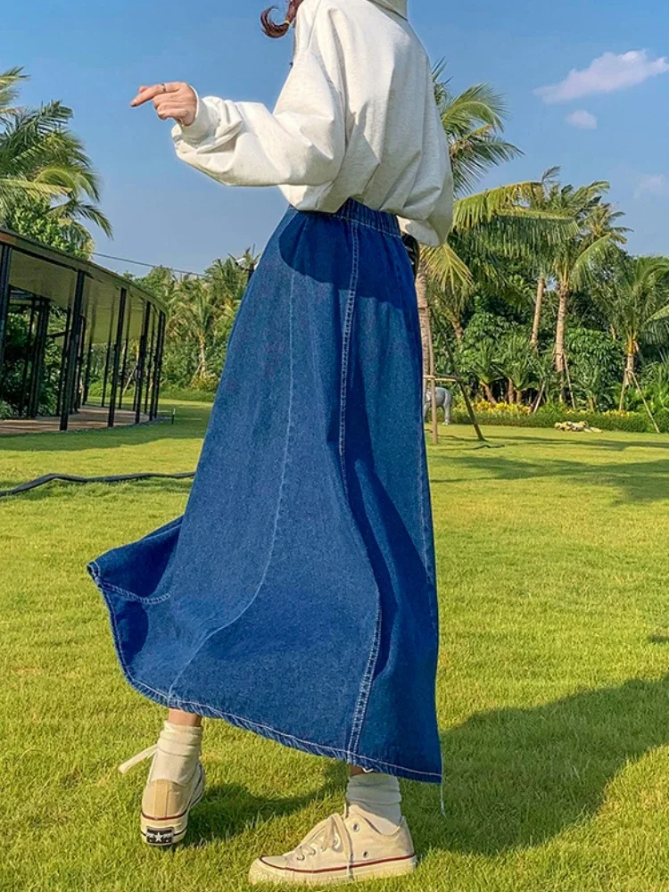 

Maxi Long Skirts Women Spring Summer Casual High Waisted Jean Skirt Ladies Splicing A-Line Ruffle Denim Skirt Plus Size 5XL 6XL