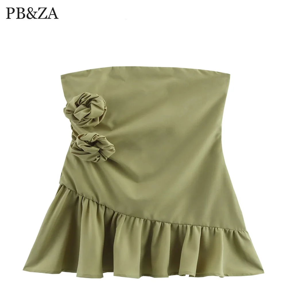 Nueva ropa de mujer estilo europeo y americano vestido sin tirantes de flores tridimensionales verdes simples a la moda