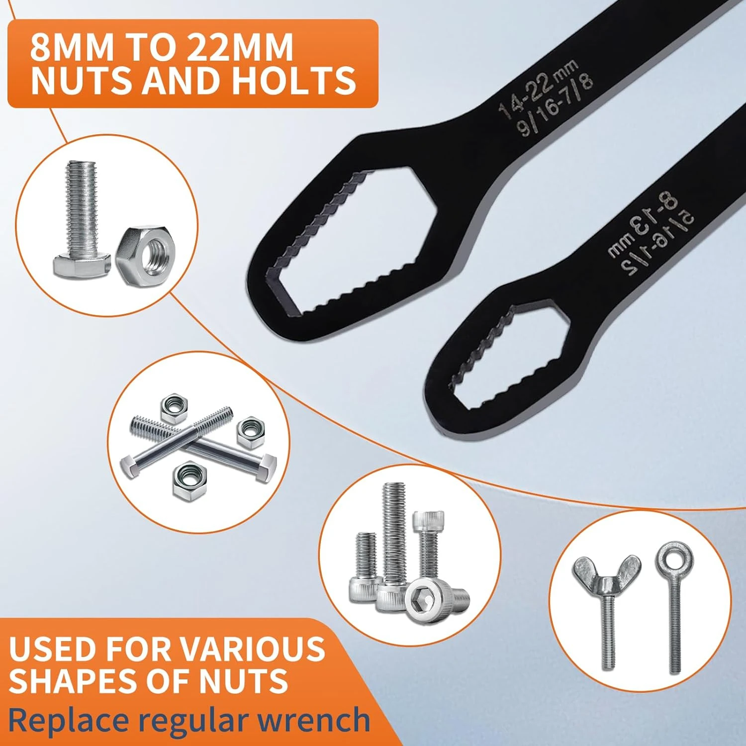 Conjunto de chaves prateadas de ponta dupla auto-aperto ajustáveis versáteis e duráveis para tarefas de reparo e manutenção de 5/16-7/8 polegadas.