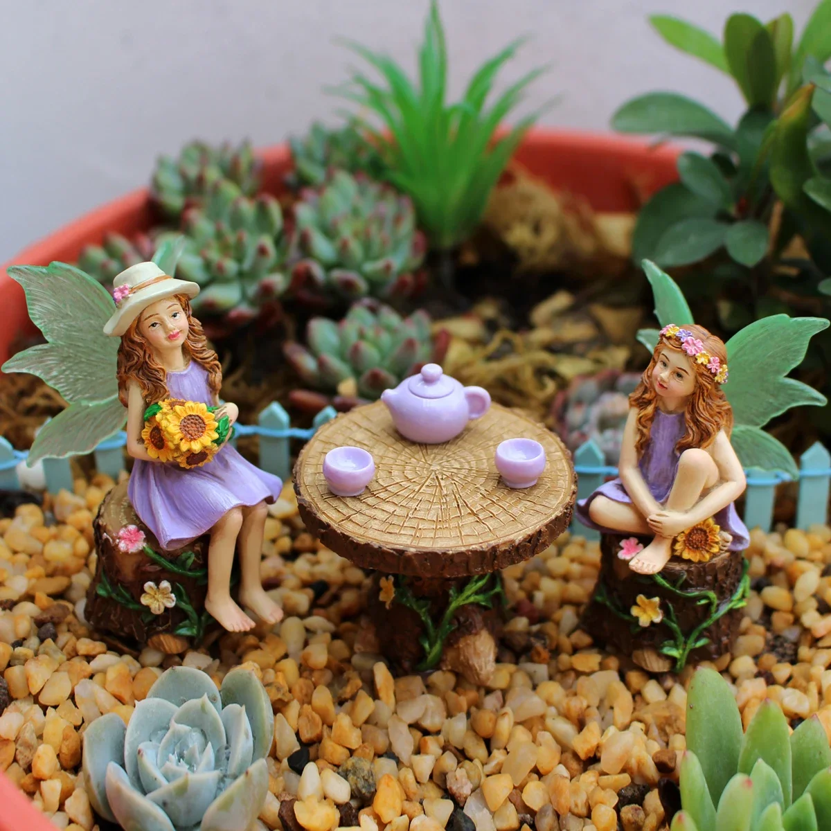 

1 Set Summer Tea Party Vacation Flower Fairy, Interesting Scene Simulation Micro Landscape Decoration Statue, Outdoor Fairy Gard