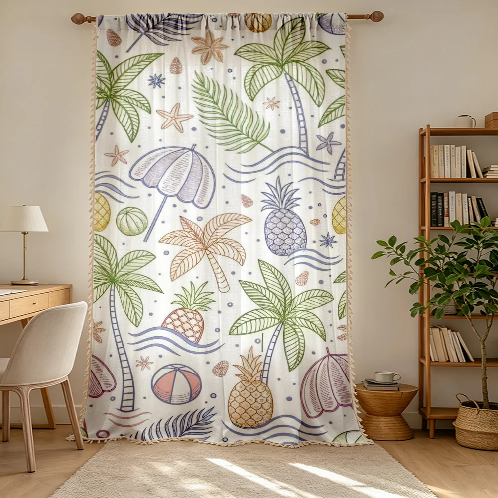 1PC Tropical Tassel Sheer Curtains, Palm Tree Pineapple Beach, Digital Print, Linen Polyester, Bedroom Living Room, Home Decor