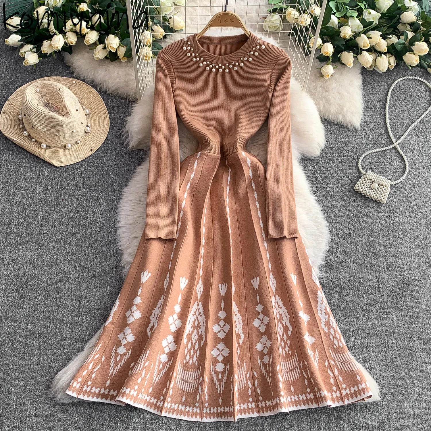 

O-neck Beads 2025 Vestidos Long Sleeve Knit Woman Dress Autumn Pleated Dresses Temperament Robe Chic Print Ropa De Mujer