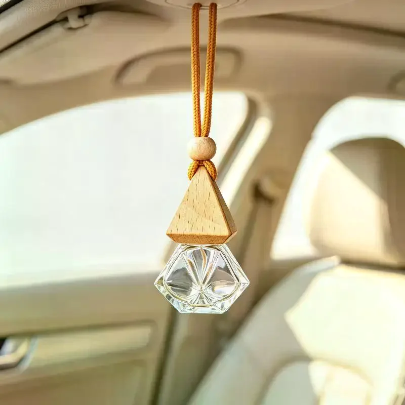 Hanging Empty Car Diffuser Bottles With Natural Wooden Lids Clear Glass For Car Interior Decor DIY Aromatherapy Use