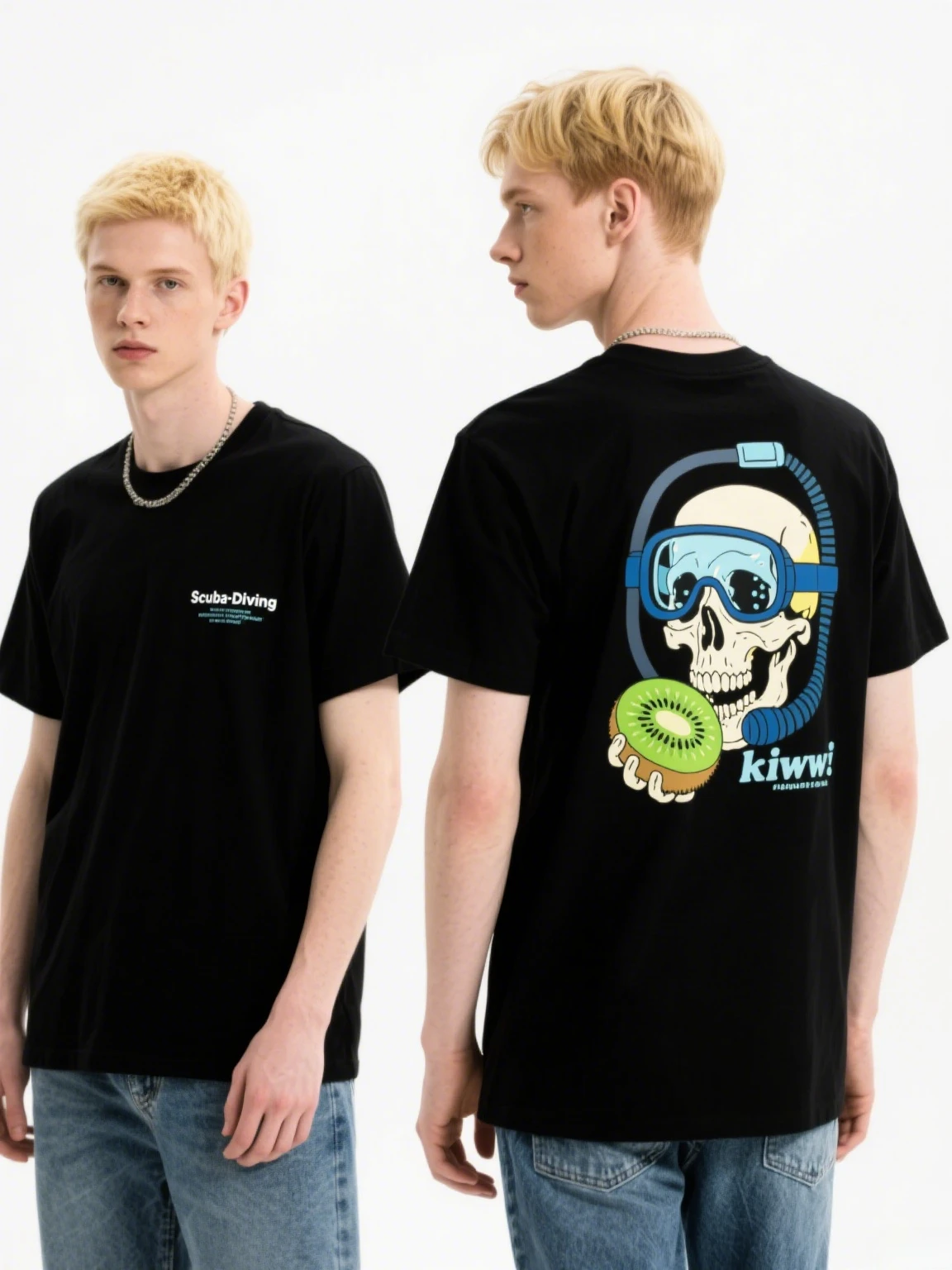 

Black Cotton T - Shirt: Skull Scuba - Diving with Kiwi Graphic, Trendy and Fun Round Neck Summer Luxury Brand New Arrived S-4XL