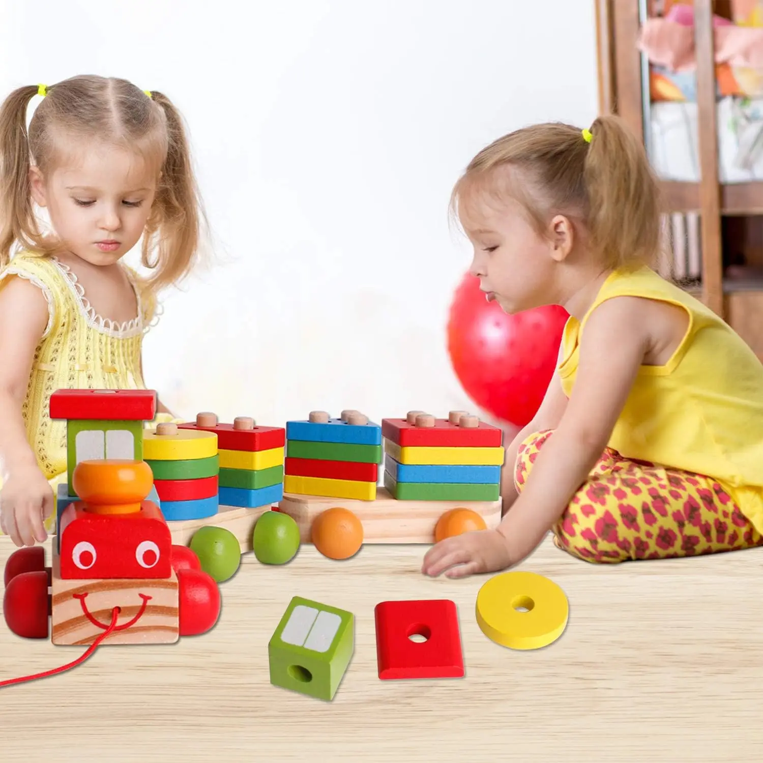 Tren de bloques de construcción de madera para niños, clasificador de formas de juguete y juego de apilamiento para niños pequeños, beneficio Montessori, preescolar intelectual