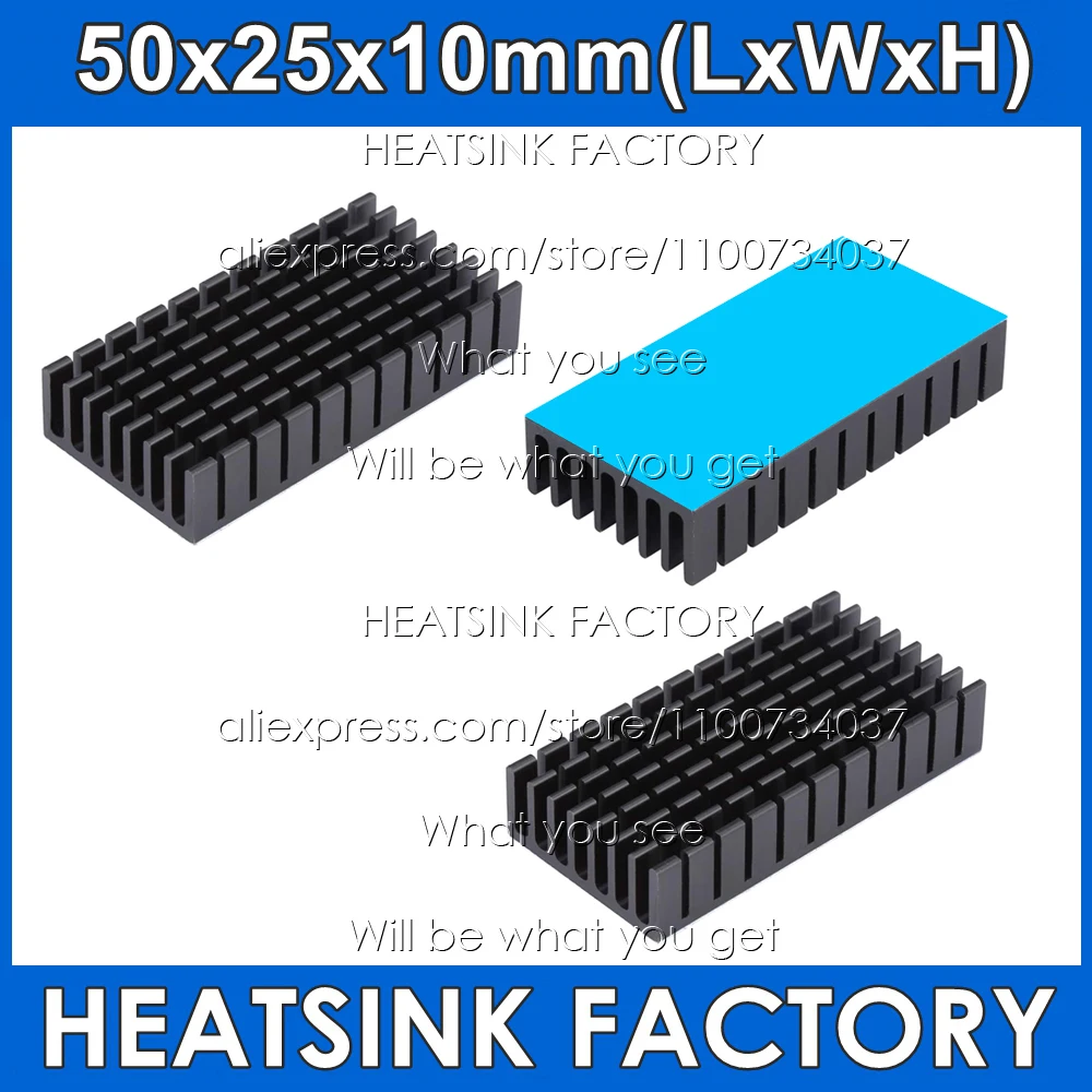 

50x25x10mm Black Slotted Anodized Aluminum Heat Sink Cooling Cooler Radiator Heatsink With Thermal Tape Applied