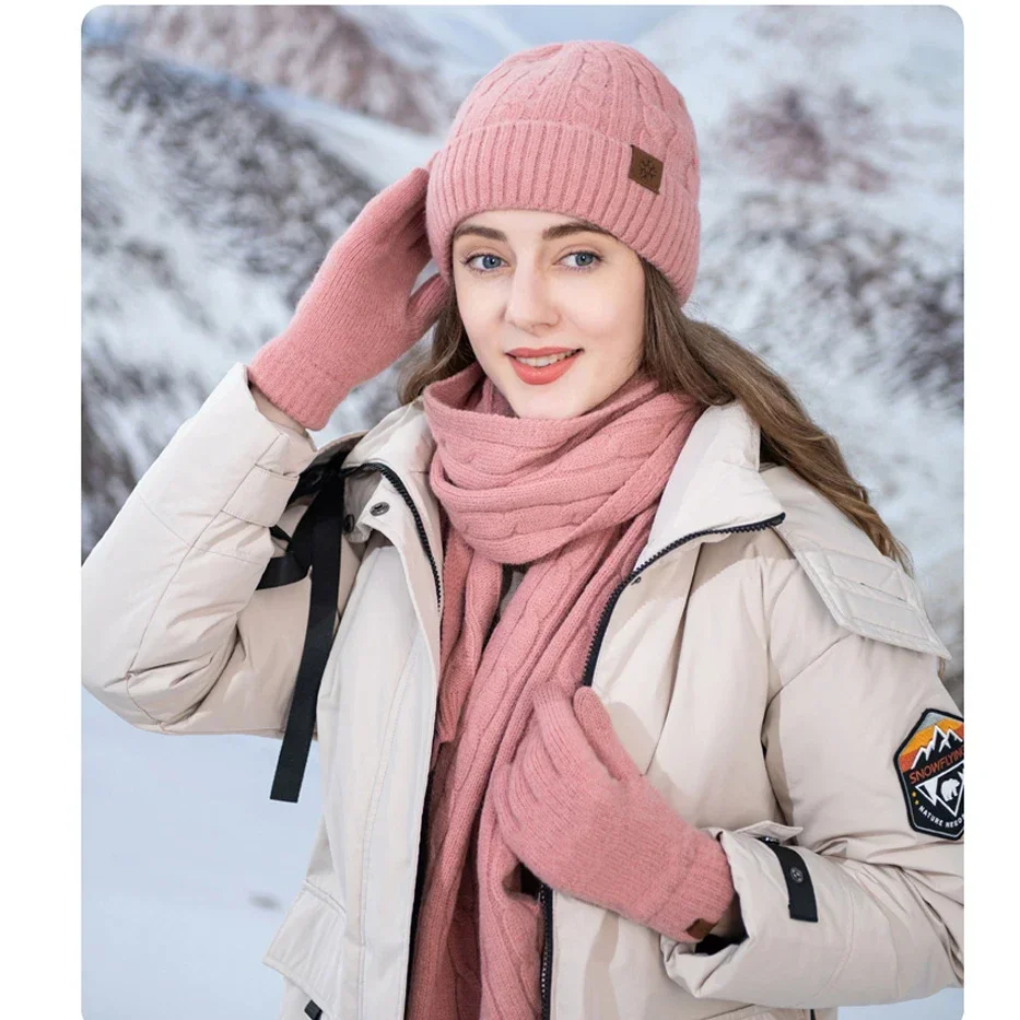 3pcs Wool Winter Hat Scarf Glove Sets for Men Women Beanies Hats Set Long Scarf Touch Screen Gloves