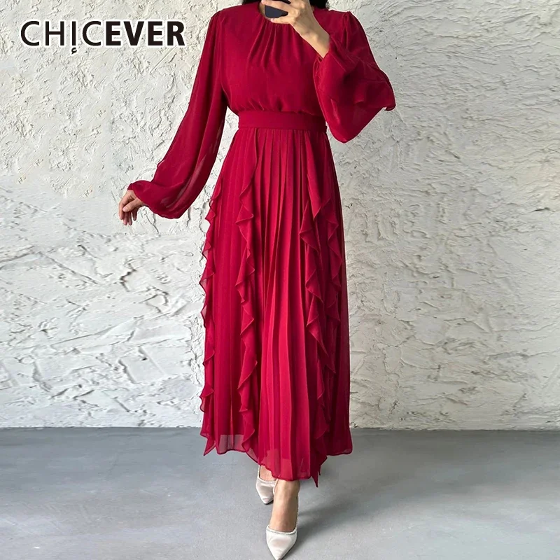 

CHICEVER Solid Loose Dresses for Women Half High Neck Long Sleeve Patchwork Ruffles Fold Midi Dress Female Temperament Clothing