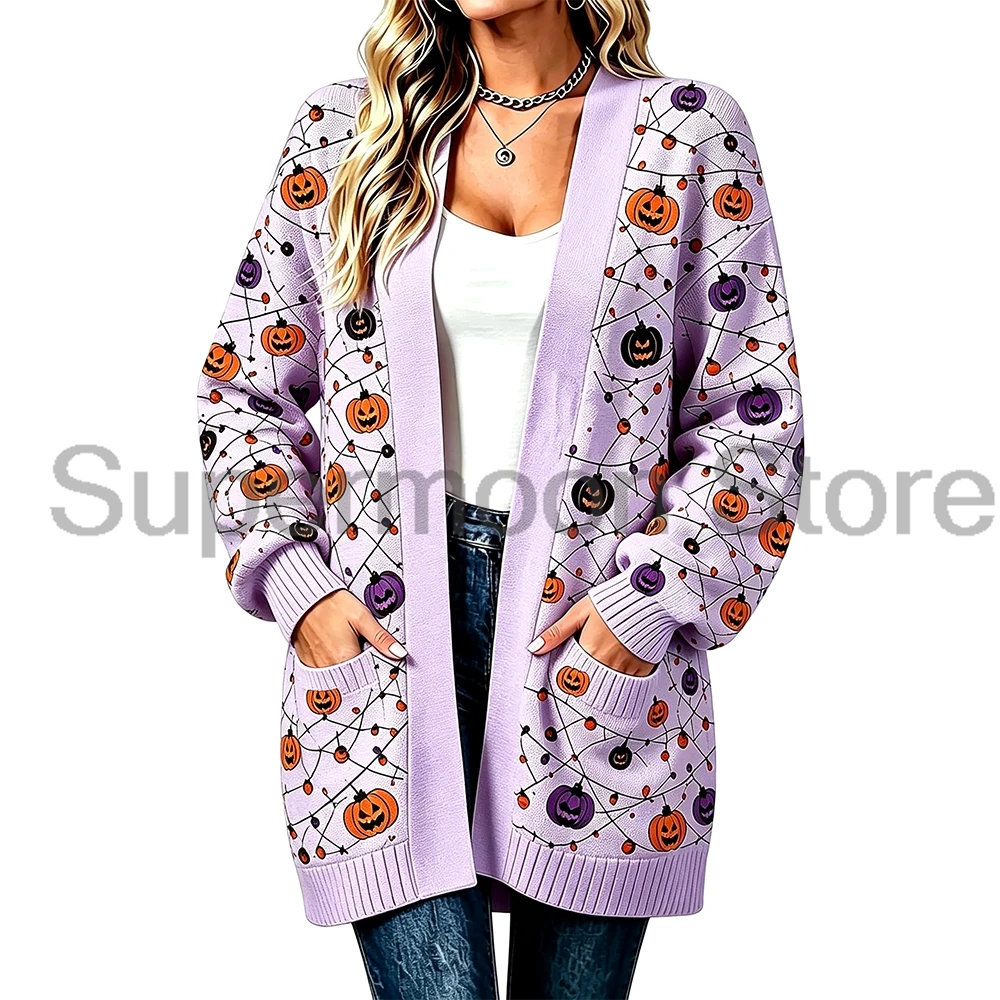 Women Halloween Pumpkin Spider Web Print Knit Cardigan Long Sleeve Open Front Pockets Sweater Outerwear Casual Loose Outfits
