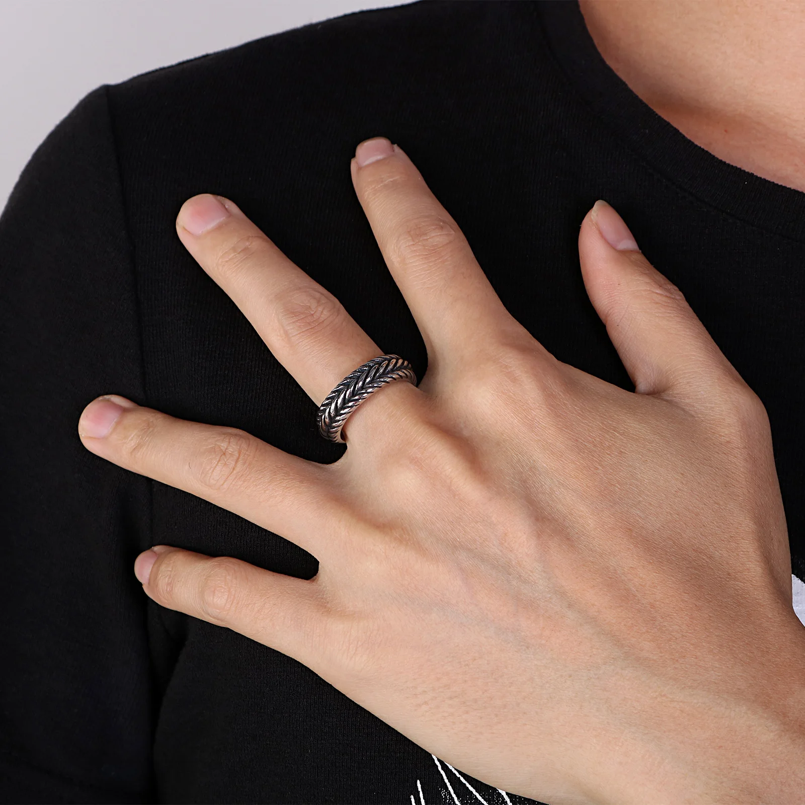 Fongten Fried Dough Twists Chain Men Stainless Steel Ring Hip Hop Accessory Car Wheel Pattern Fashion Jewelry Punk Banquet Gifts