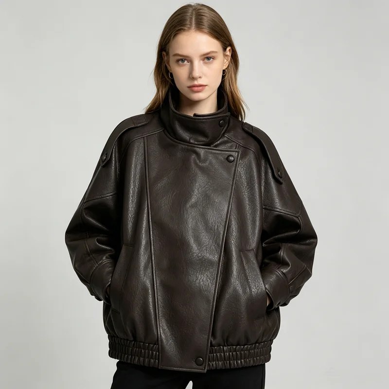 

Vintage Bomber Jacket for Women Loose Eleagnt PU Leather Jackets Streetwear Biker Coats Women Clothing Leather Trench Coats