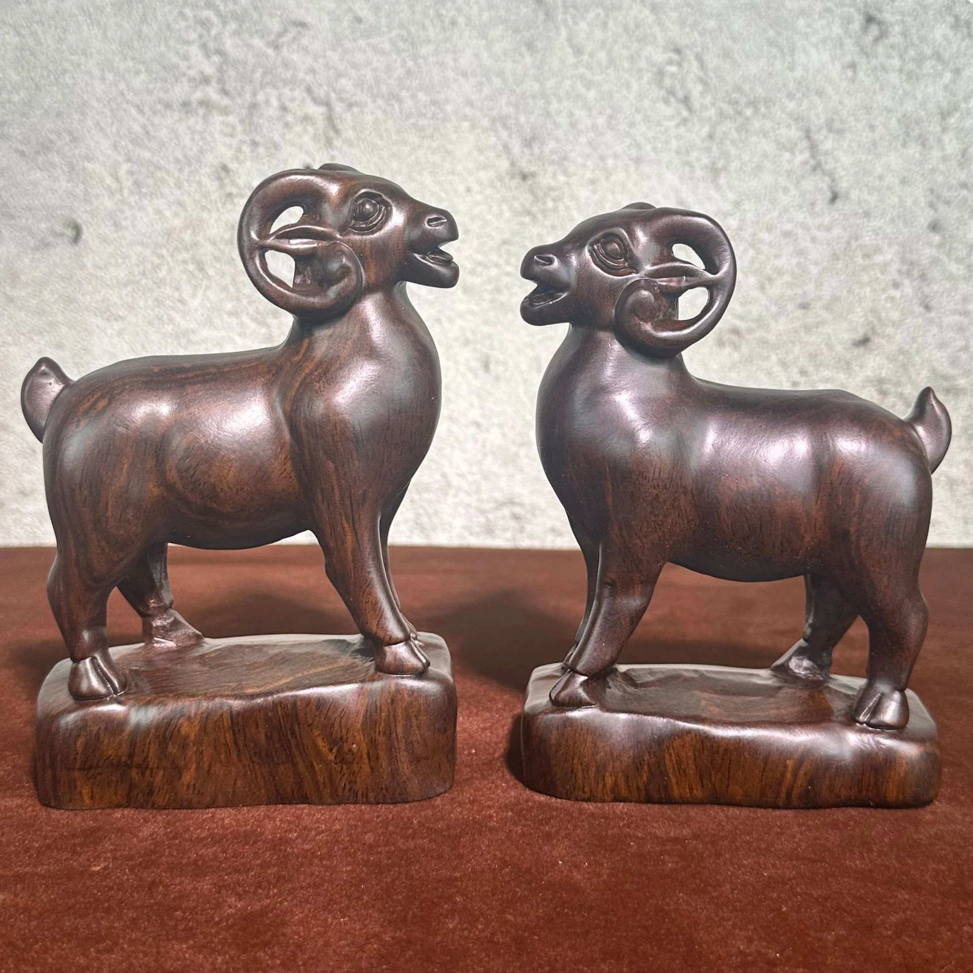 Ebony Wood Carved Lucky Goat Figurine The Twelve Zodiac Animal Sheep Auspicious Symbol-Three Rams Bring Prosperity