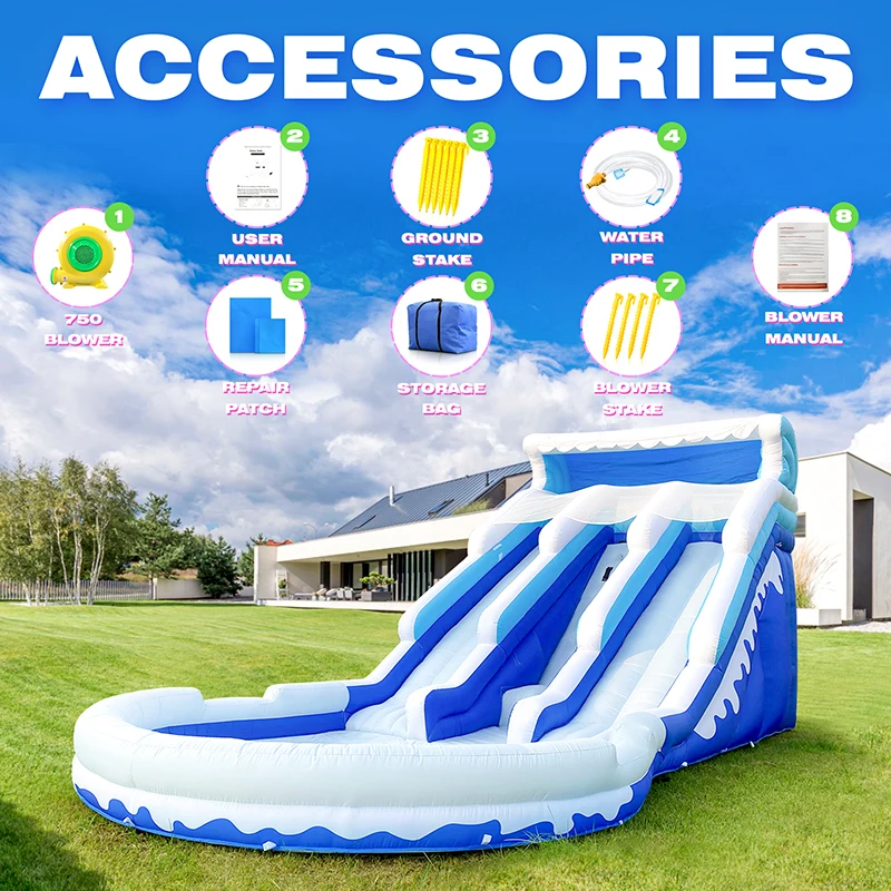 6,3-metrowa niebiesko-biała dmuchana zjeżdżalnia wodna Safari z basenem, plac zabaw, zewnętrzna zabawa wodna na lato, komercyjny sprzęt do wynajęcia
