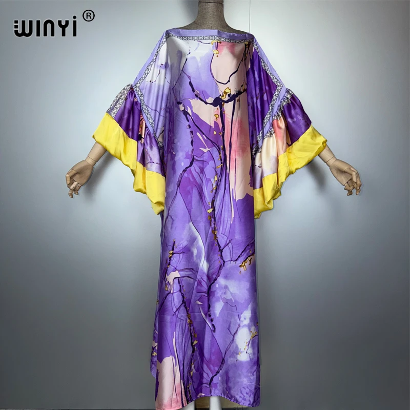 WINYI boho nuovo soffio (ed) maniche abito da sera abaya dubai lusso femminile allentato stampa caftano donna musulmana abbigliamento abito da spiaggia
