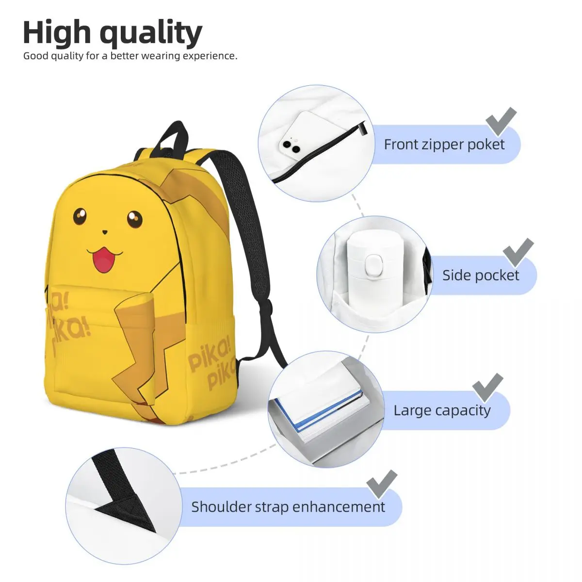 Pikapika Happy Smile Sticker, bolsillo múltiple, monstruo Pikachu para mujer, regalo de regreso a la escuela, bolso para portátil, senderismo, nuevo