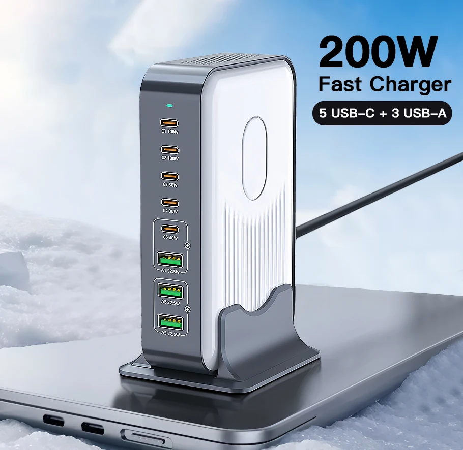 

200W GaN USB C Fast Charger For Macbook iPad Tablet Quick Charge 4.0 PD3.0 Multi Port Charging Station For iPhone 15 14 Samsung