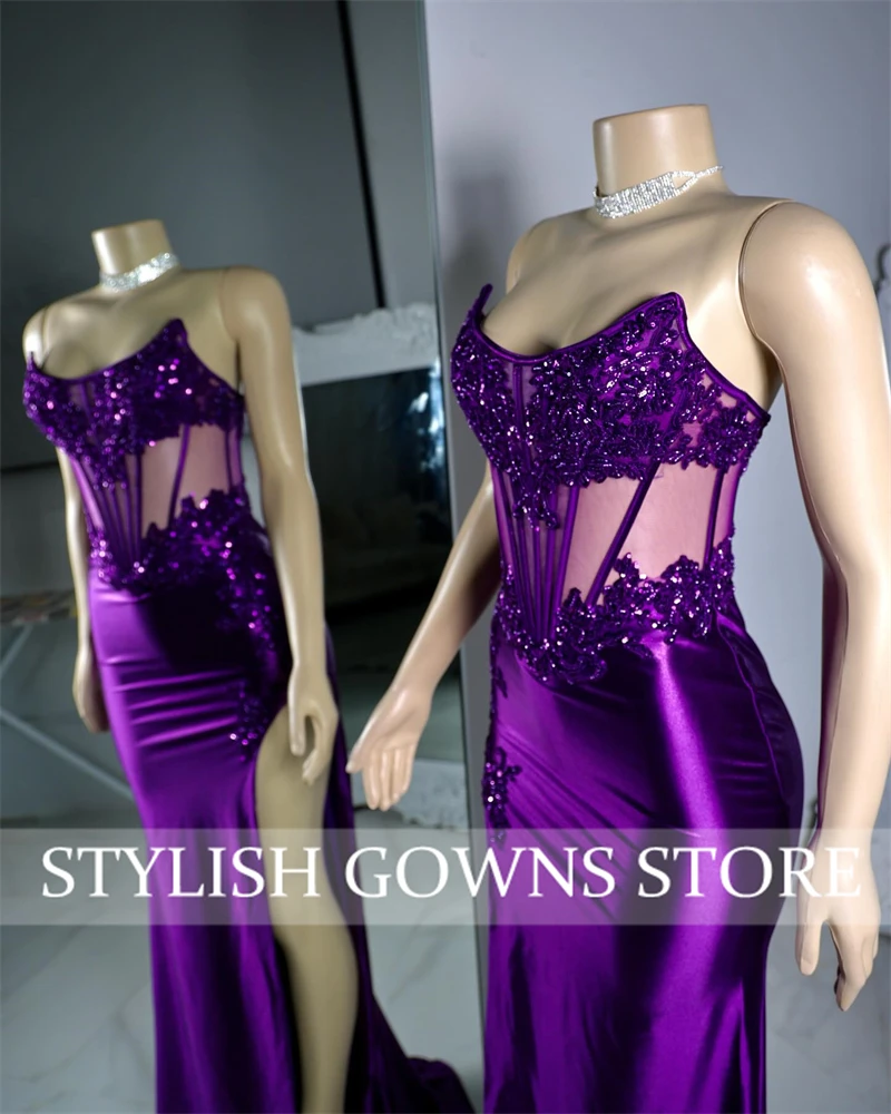 Purple Strapless Long Prom Dress For Black Girls Appliques Birthday Party Gowns High Slit Evening Dresses Customized