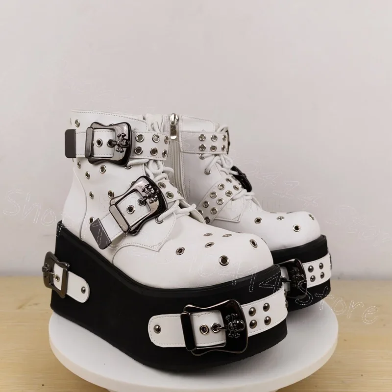 

White Round Toe Buckle Cross Tied Platform Boots Side Zipper Women Shoes Wedges Heel New Party Banquet 2025 Zapatos Para Mujere