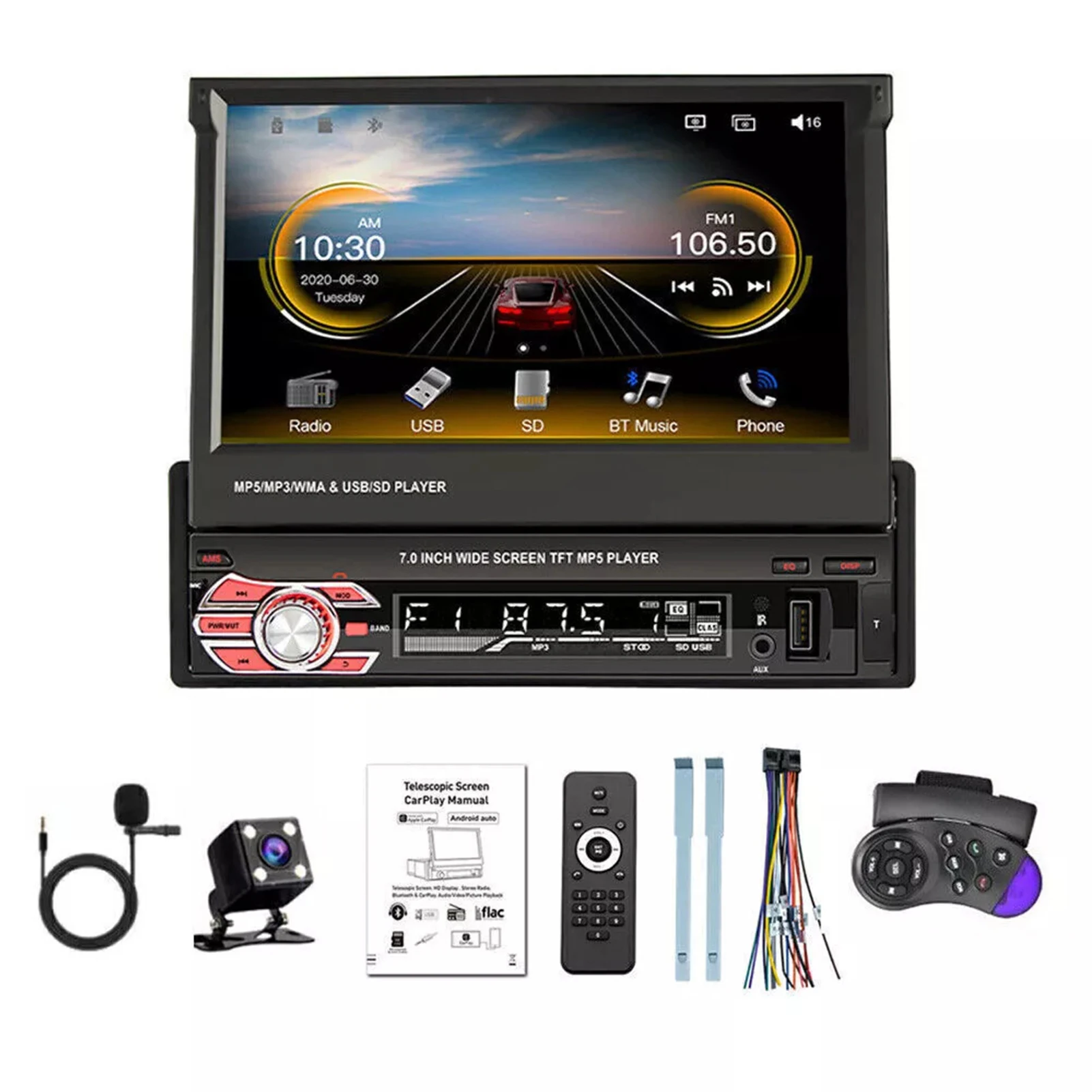 

Автомагнитола 1 Din, 7 дюймов, стерео, мультимедийный mp5-плеер, цифровой Bluetooth, FM, проводной, для Carplay, Android, автомагнитола с Mirror Link
