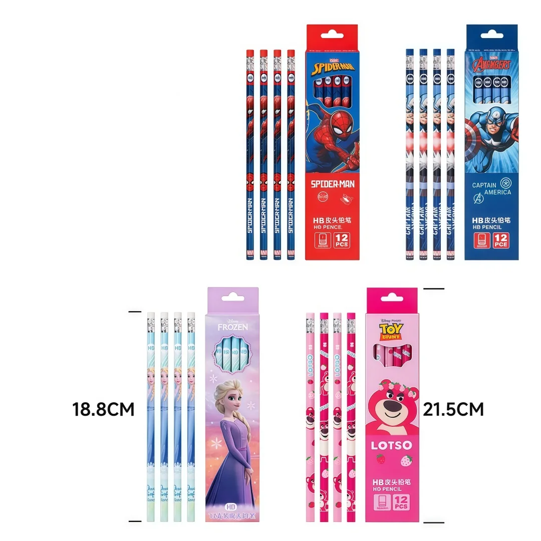 Disney Ip Cartoon Hb Pencils, Pack of 12 with Eraser Tips, Writing Pencils for Primary School Students, Children's Learning Stationery