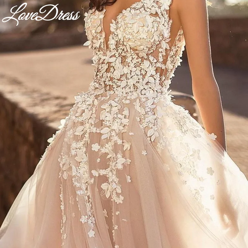 LoveDress V-Neck Wedding Dress Lace Applques A-Line Sleeveless Boho Tulle Bride Gown Backless Zipper New In Vestido De Novia