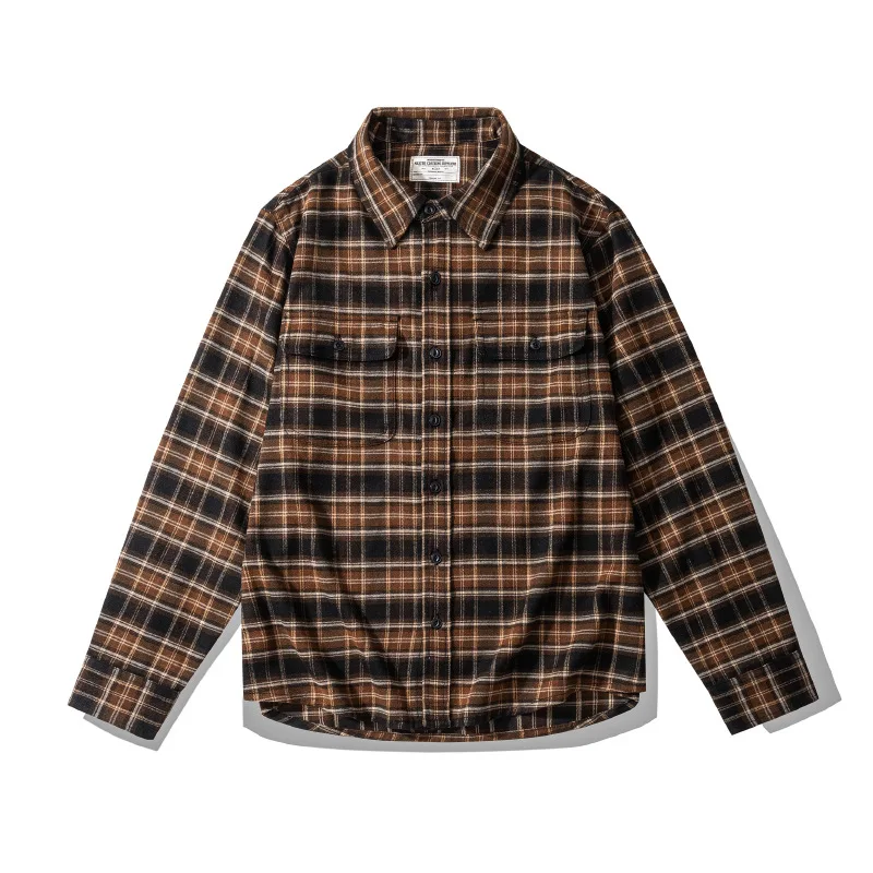 Autumn and Winter Heavyweight Brushed Flannel Check Shirt for Men American Retro Vintage Classic 100% Cotton Fitted Plaid Shirt