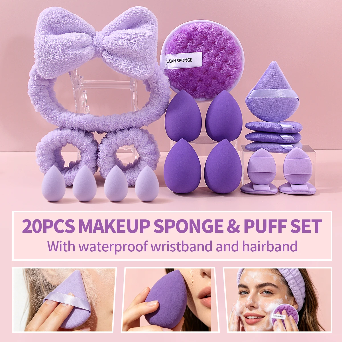 Headband Set. 1 Hair Band & 2 Wrist Bands & 4 Make‑Up Sponges & 8 Mini puff & 4 Triangular Powder Puff & 1 Makeup Remover Puff