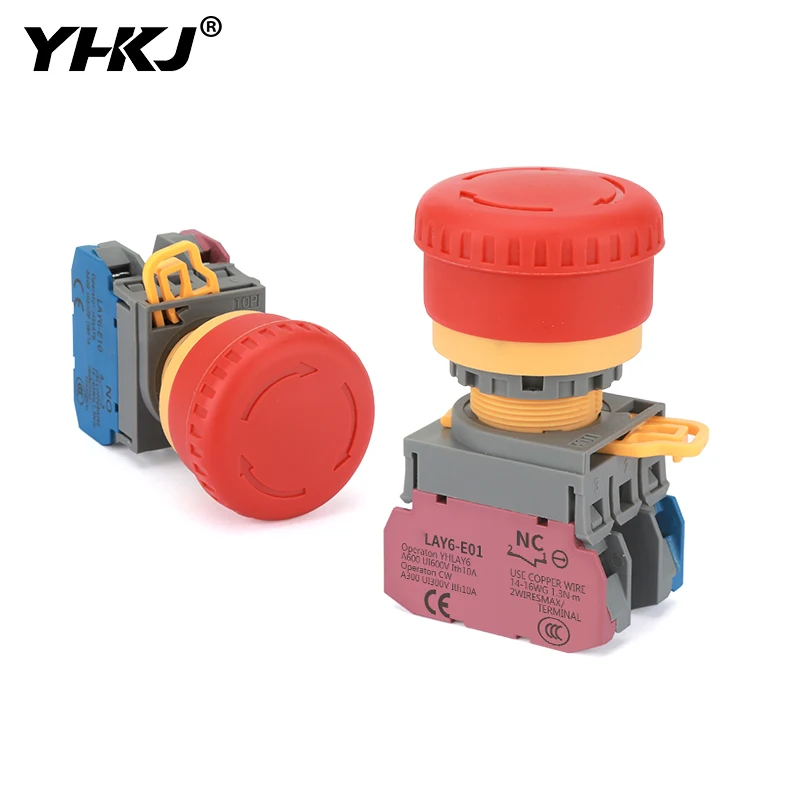 22mm Plastic Emergency Stop Push Button Switch Latching Self-locked 1NO1NC Switch with Red Mushroom Cap and Light