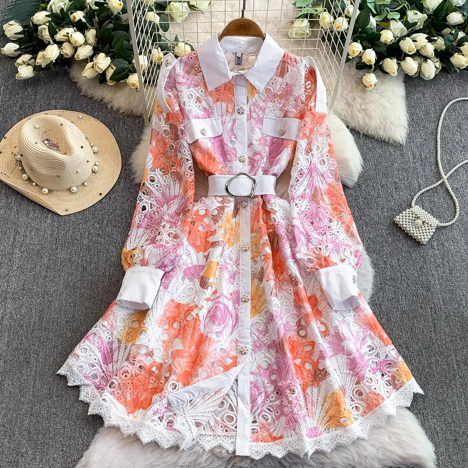 

Elegant Hollow Out Mini Lace Dress Women Autumn Vacation Belt Long Sleeve Single Breasted Crystal Lace Trims A-Line Party Dress