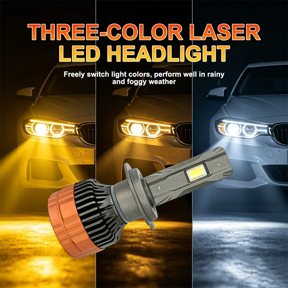 H7 Tricolor Remote Control LED Headlights H4 H1 H3 H11 HB3 9005 HB4 9006 6000K 4300K 3000K For Car Headlights Lights 12V 24V