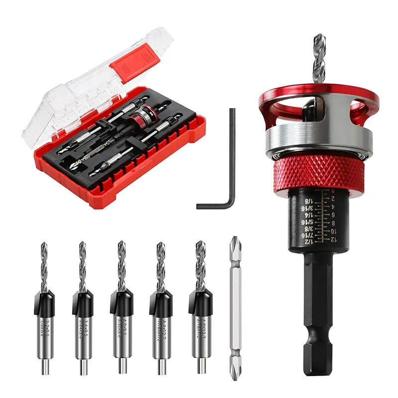 7pcs-countersink-drill-bit-set-screwdriver-bit-5-hss-m2-tapered-bits-wrench-1-4-hex-shank-countersink-drill-bit-for-woodworking
