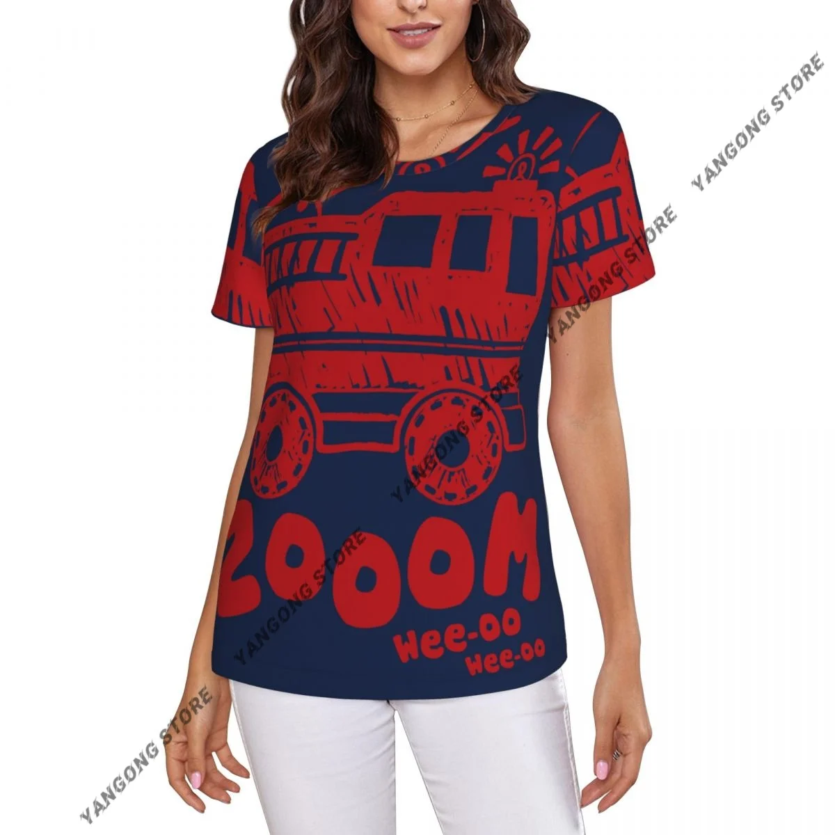 Casual Summer Woman Skinny Fit T-shirt Tight Short-Sleeve O-neck Tee Basic Zooom Kids Fire Truck Pattern T Shirt