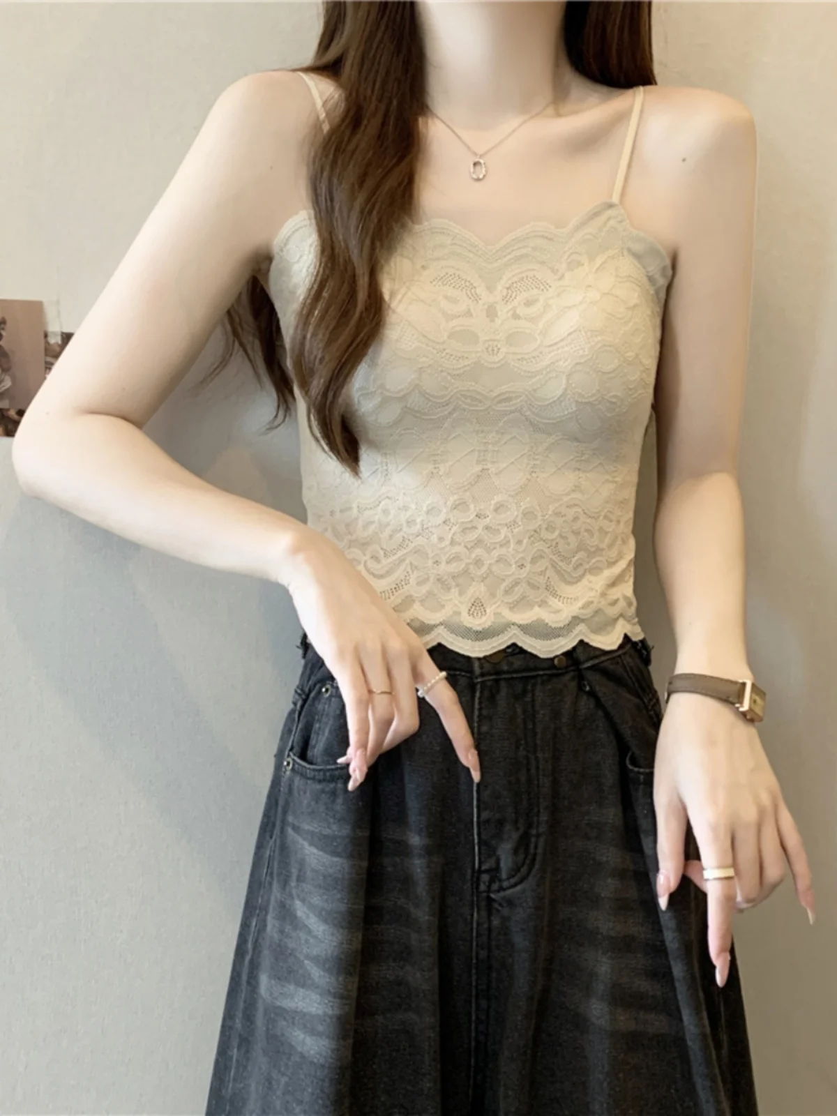 Lace Trim Strapless Bralette Tank Top Women Summer Outerwear Integrated Anti-Light Top Breathable Short Length Pure Color