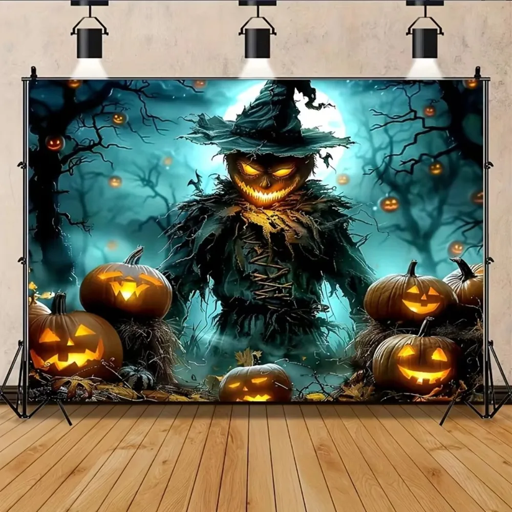 Halloween Scarecrow Pumpkin Elf Fog Forest Theme Banner Background, Halloween Party, Home Decoration Photography Backdrop Cloth