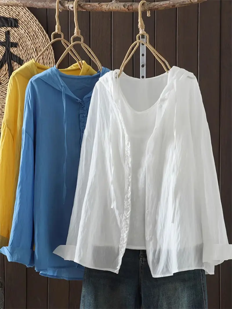 

Stylish Women's Summer Loose Fit Hooded Ramie Shirt - Slimming Pleated Long SleeveSun Protection Jacket Tops G776