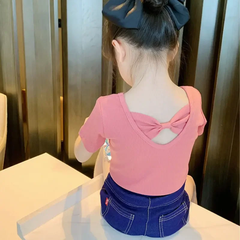 Girls T-shirt Kids Short Sleeved Back Bow-knot Baby Candy Color Shirt Clothes 2024 Summer Chilren\'s Solid Color Top Tees