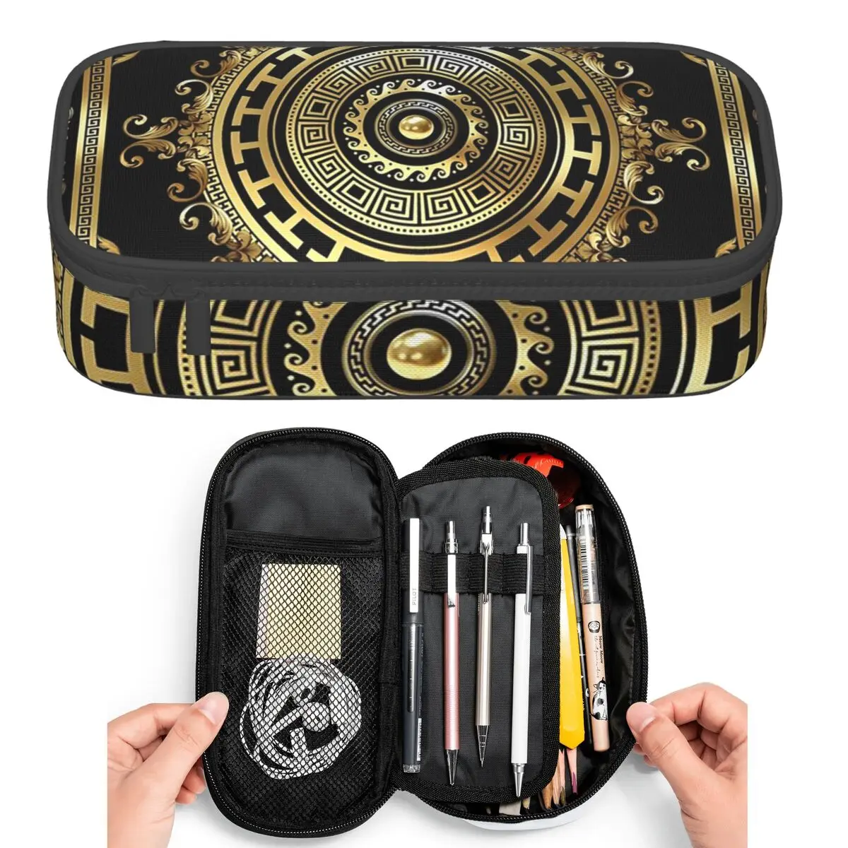 

Greek Keys Black Gold Medallion Meander Baroque Pencil Cases Students Pen Box Pencil Bag Big Capacity Pencil Pouch Pen Holder