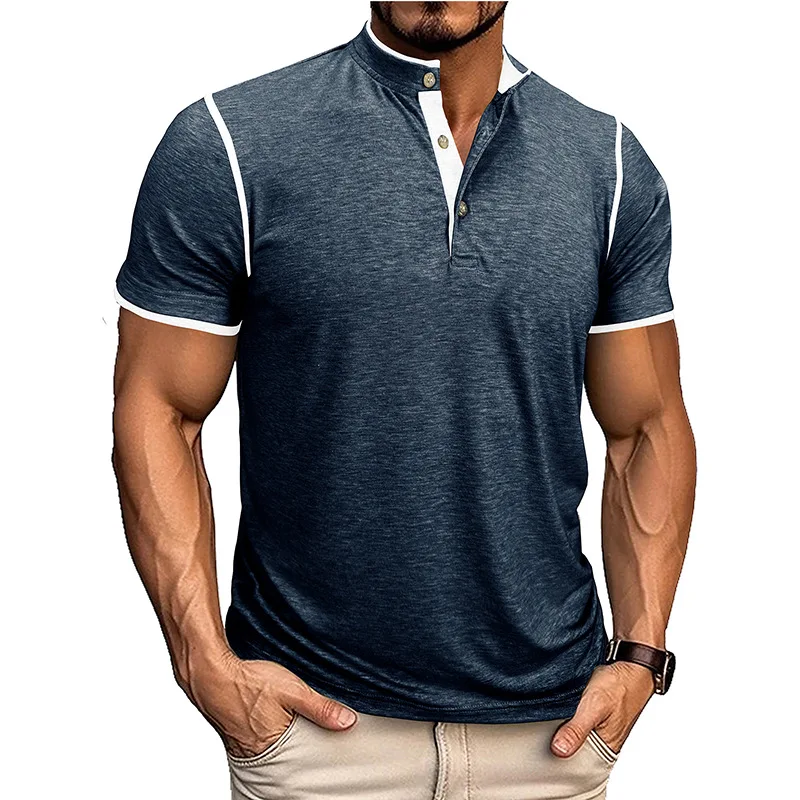 Men's Round Stand Collar Open Top Short Sleeved Double Layered Spliced Top Color Blocked Spliced T-shirt